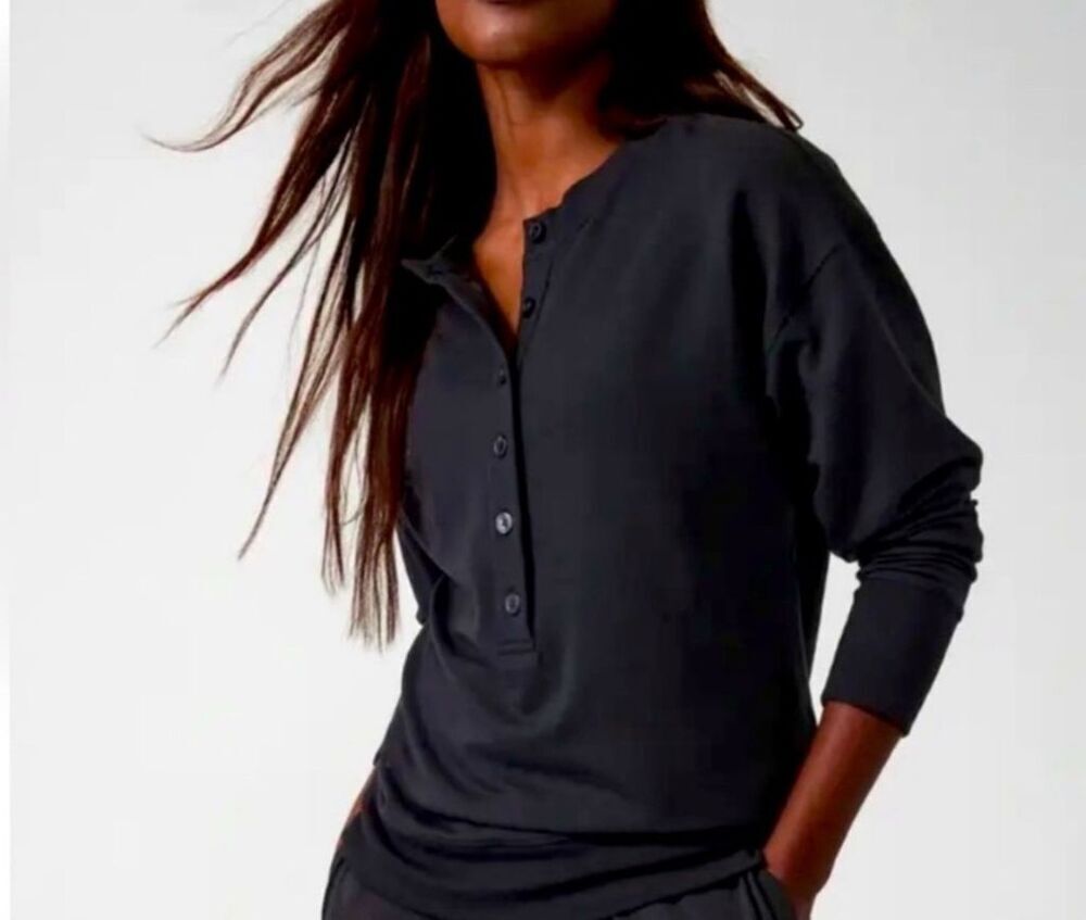 Athleta Women's Black Henley Long Sleeve Sweatshirt Size‎ L Casual